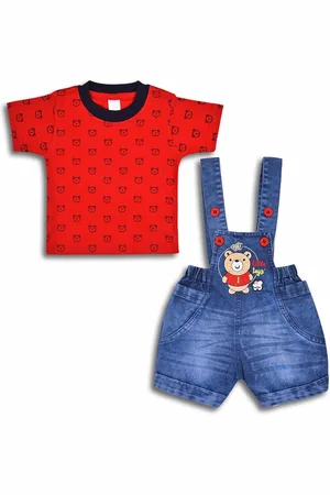 Wish Karo Infant Boys Straight Leg Applique Cotton Dungarees With T-shirt