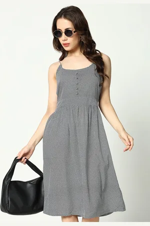 SHOWOFF Women Black Checked Cotton A-Line Dress
