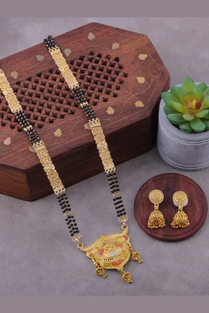 Brandsoon Gold-Plated & Black Beaded Mangalsutra With Earrings