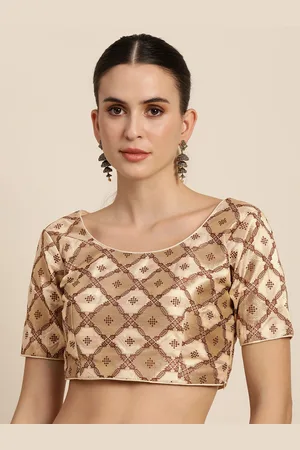 Mimosa Women Beige & Brown Woven Design Readymade Saree Blouse