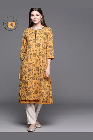 Biba Women Mustard Yellow & Black Floral Printed Kurta with Mask