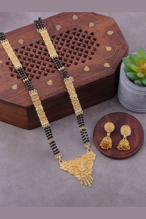 Brandsoon Gold-Plated Black Beaded Mangalsutra With Earrings