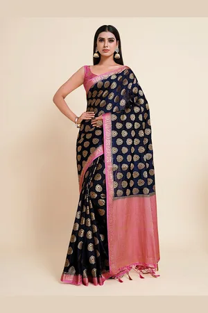 Mimosa Navy Blue & Pink Ethnic Motifs Zari Art Silk Kanjeevaram Saree