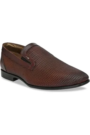 Hitz Men Tan Brown Textured Leather Formal Slip-Ons