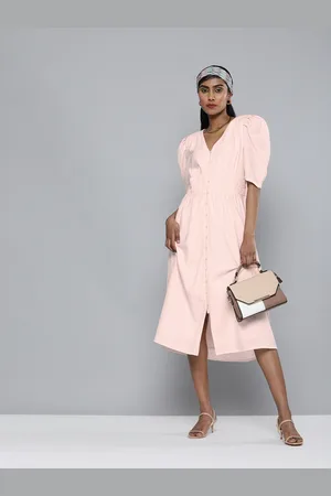 Scouph Women Pink Puff Sleeves Solid A-Line Dress