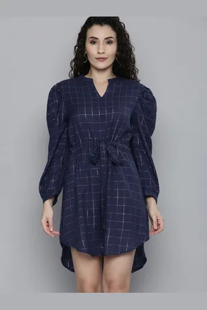 Scouph Blue Lurex Cotton Checked Fit & Flare Dress