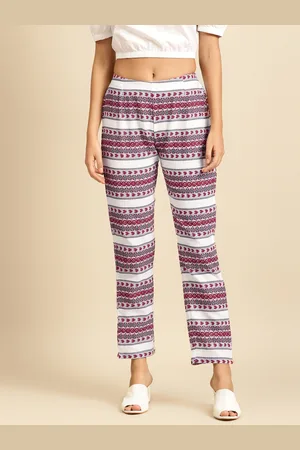 anayna Women White & Purple Printed Straight Palazzos