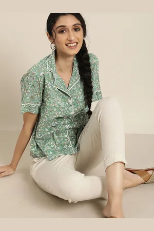 Taavi Women Green & Yellow Sanganeri Hand Block Print Pure Cotton Lounge Top