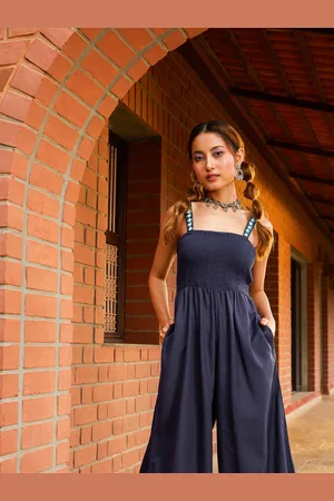 Global Desi Women Navy Blue Solid Smocked Sleeveless Basic Jumpsuit