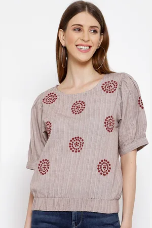 Scouph Brown Embroidered Puff Sleeve Blouson Top