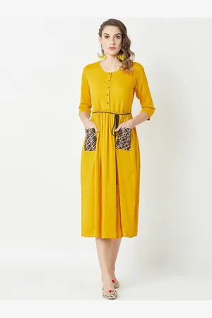 Miss Chase Women Mustard Yellow Solid Fit and Flare Dress