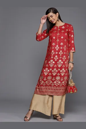 Biba Women Red & Golden Ethnic Motifs Printed Kurta & Mask
