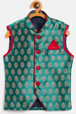 YK Boys Green & Beige Woven Design Nehru Jacket