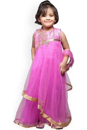 StyleStone Girls Pink Brocade A-Line Churidar Kurta with Dupatta