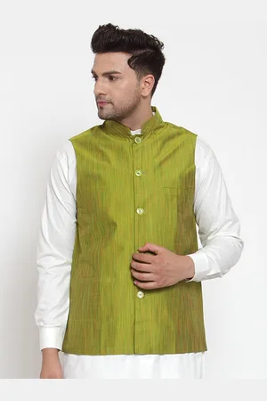 Jompers Men Green Woven Design Waistcoat