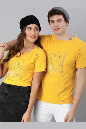 BRATMA Women Mustard Yellow Printed Round Neck Pure Cotton T-shirt