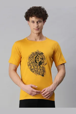 BRATMA Men Mustard Yellow Animal Printed Round Neck Regular Sleeves Cotton T-shirt