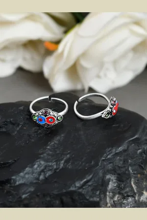 Silvermerc Designs Women Set Of 2 Silver-Plated Blue & Red Stone-Studded Toe Rings