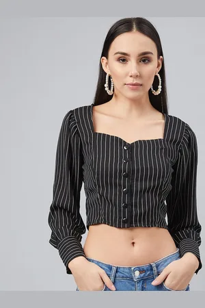 marie claire Women Black Striped Shirt Style Crop Top