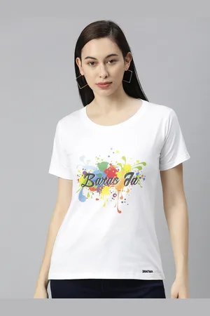 BRATMA Women White Printed Round Neck Holi T-shirt