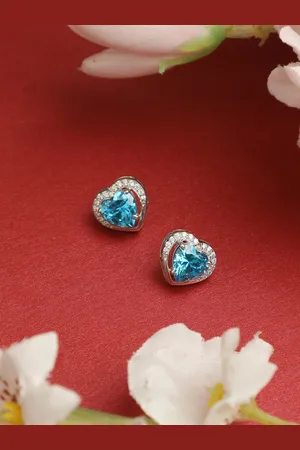 CLARA Silver-Toned & Blue CZ-Studded 92.5 % Sterling Silver Heart Shaped Studs Earrings