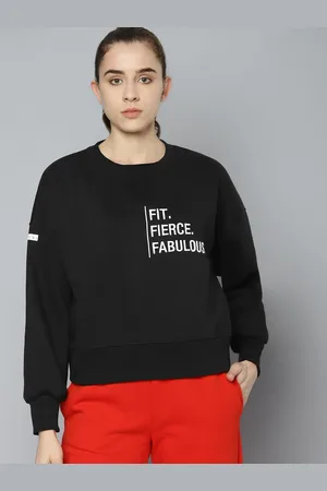Fitkin Women Black & White Warm Winter Fleece Embroidered Sweatshirt