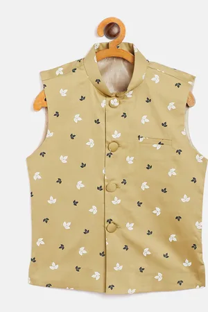 YK Boys Beige & White Printed Woven Nehru Jacket