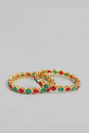 Anouk Set of 2 Gold-Toned & Green Stone Studded Bangles