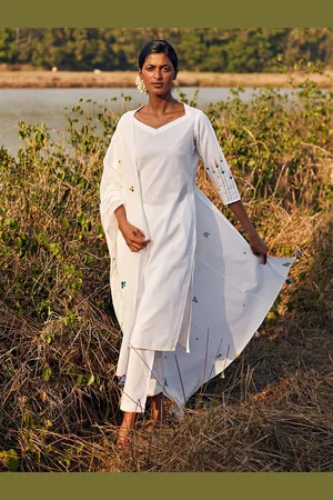 OKHAI Women White Pleated Thread Work Pure Cotton Kurta with Trousers & Dupatta