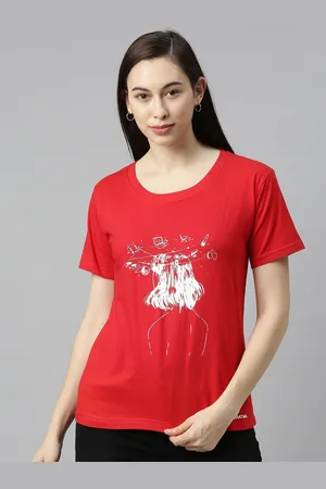 BRATMA Women Red Printed Round Neck T-shirt