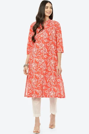 Biba Women Red & White Ethnic Motifs Printed Cotton Kurta
