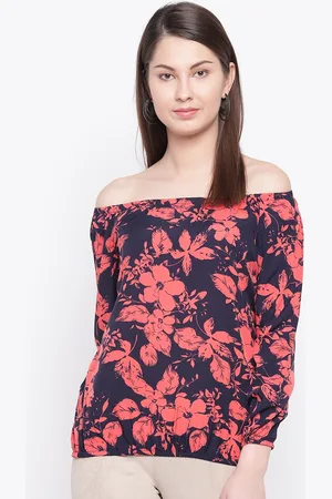 Rare Fashion Women Navy & Coral Red Printed Bardot Top