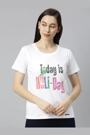 BRATMA Women White Printed Round Neck Holi T-shirt