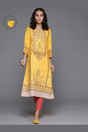 Biba Women Mustard Yellow & Pink Ethnic Motifs Printed Keyhole Neck Straight Kurta