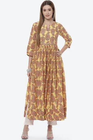 Biba Women Yellow & Pink Paisley Printed Anarkali Kurta