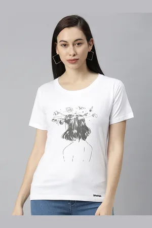 BRATMA Women White Printed Round Neck T-shirt