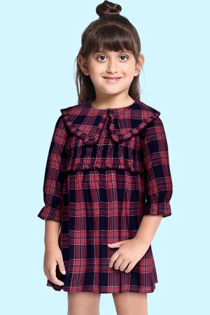 Scouph Red & Navy Blue Cotton Checked Peter Pan Collar Smocked Yoke Dress