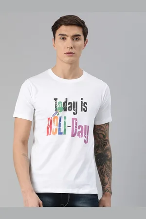 BRATMA Men White Printed Round Neck Holi Pure Cotton T-shirt