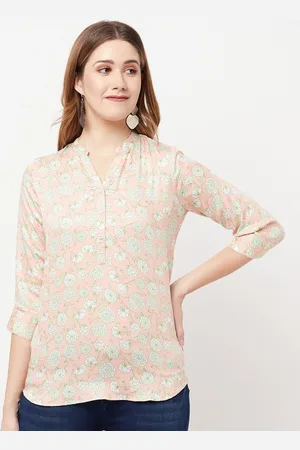 Crimsoune Club Pink & Green Floral Printed Shirt Style Top