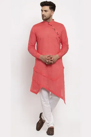 KLOTTHE Men Red & White Solid Angrakha Pure Cotton Kurta Set