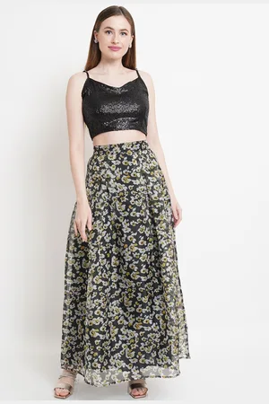 Purple State Women Black Sequinned Crop Top With Floral Printed Skirt