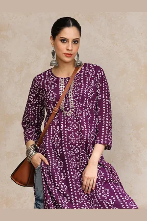 Varanga Women Purple & White Bandhani Printed Pure Cotton Kurta