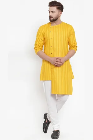 KLOTTHE Men Yellow & White Striped Kurta with Churidar Pyjamas