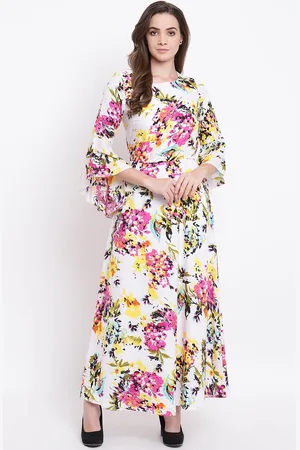 Deewa Women White & Pink Floral Printed Maxi Dress