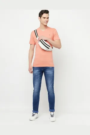 Crimsoune Club Men Peach-Coloured Solid Slim Fit Outdoor Cotton T-shirt