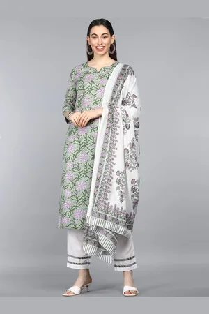 Ahika Women Green & White Floral Printed Pure Cotton Kurta with Trouser & Dupatta