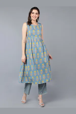 Ahika Blue And Mustard Floral Printed Pure Cotton Gotta Patti Kurta with Trousers