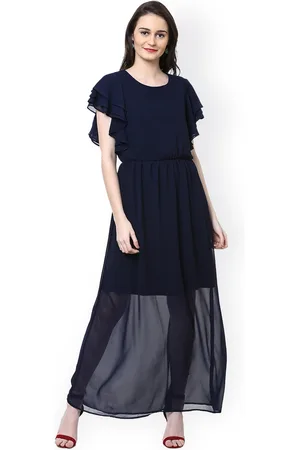 Harpa Women Navy Blue Solid Maxi Dress