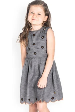 Cherry Crumble Girls Grey Embroidered Fit and Flare Dress