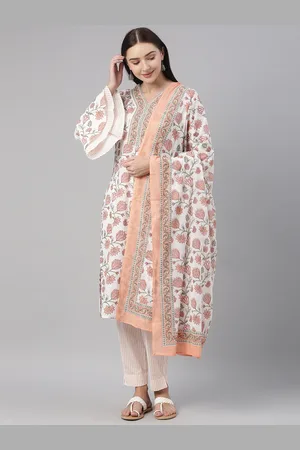 Ahika Women White Floral Printed Pure Cotton Kurta with Trousers & With Dupatta
